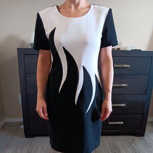 Vintage Joseph Ribkoff Sheath Dress Black White Flame Design Made in Canada